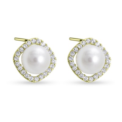 Σκουλαρίκια Ροζέτες Χρυσά 14 Καράτια Με Μαργαριτάρι και Ζιργκόν oro2929