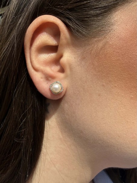 Σκουλαρίκια Ροζέτες Χρυσά 14 Καράτια Με Μαργαριτάρι και Ζιργκόν oro2929 