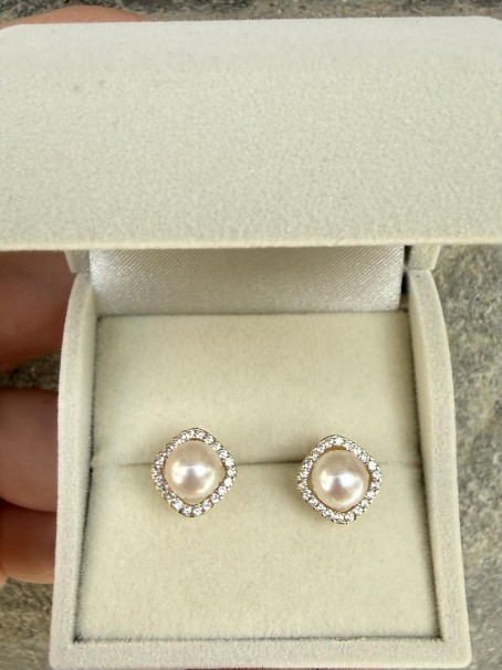 Σκουλαρίκια Ροζέτες Χρυσά 14 Καράτια Με Μαργαριτάρι και Ζιργκόν oro2929 