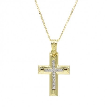Σταυρός Triantos Χρυσός 14 Καράτια Με Αλυσίδα, Λευκά Ζιργκόν 1.7.1029 