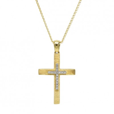 Σταυρός Διπλής Όψεως Χρυσός 14 Καράτια Με Αλυσίδα, Λευκά Ζιργκόν oro1095