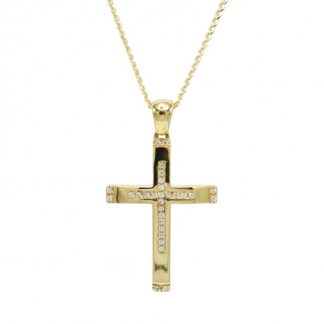 Σταυρός Διπλής Όψεως Χρυσός 14 Καράτια Με Αλυσίδα, Λευκά Ζιργκόν oro1095 