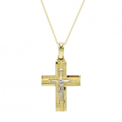 Σταυρός Ανδρικός Διπλής Όψεως Χρυσός 14 Καράτια Με Αλυσίδα oro1098
