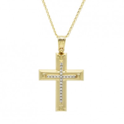 Σταυρός Με Αλυσίδα Χρυσός 14 Καράτια, Λευκά Ζιργκόν oro1103