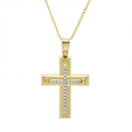 Σταυρός Με Αλυσίδα Χρυσός 14 Καράτια, Λευκά Ζιργκόν oro1103 