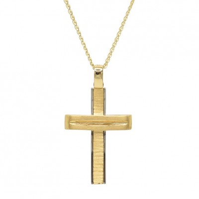 Σταυρός Ανδρικός Διπλής Όψεως Χρυσός 14 Καράτια Με Αλυσίδα oro1097