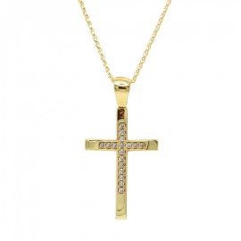 Σταυρός Με Αλυσίδα Γυναικείος Χρυσός 14 Καράτια Διπλής Όψεως, Λευκά Ζιργκόν oro1108