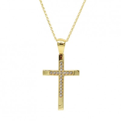 Σταυρός Με Αλυσίδα Γυναικείος Χρυσός 14 Καράτια Διπλής Όψεως, Λευκά Ζιργκόν oro1108