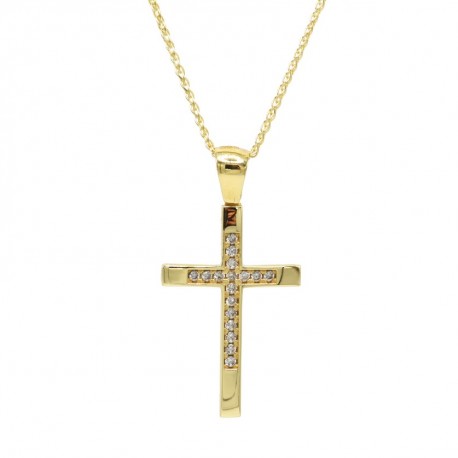 Σταυρός Με Αλυσίδα Γυναικείος Χρυσός 14 Καράτια Διπλής Όψεως, Λευκά Ζιργκόν oro1108 