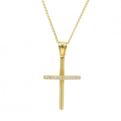 Σταυρός Με Αλυσίδα Γυναικείος Χρυσός 14 Καράτια, Λευκά Ζιργκόν oro1109