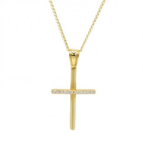 Σταυρός Με Αλυσίδα Γυναικείος Χρυσός 14 Καράτια, Λευκά Ζιργκόν oro1109 