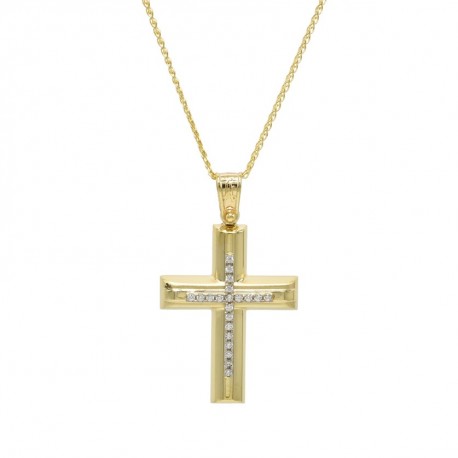 Σταυρός Με Αλυσίδα Γυναικείος Χρυσός,14 Καράτια Λευκά Ζιργκόν oro1123 