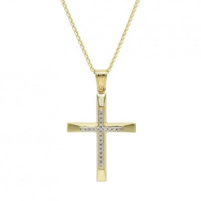 Σταυρός Με Αλυσίδα Γυναικείος Χρυσός, 14 Καράτια Λευκά Ζιργκόν oro1125