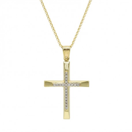 Σταυρός Με Αλυσίδα Γυναικείος Χρυσός, 14 Καράτια Λευκά Ζιργκόν oro1125 