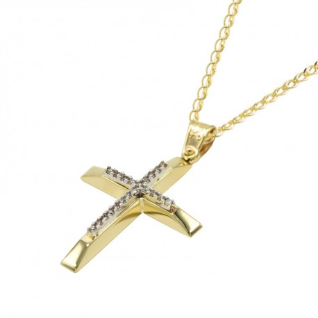 Σταυρός Με Αλυσίδα Γυναικείος Χρυσός, 14 Καράτια Λευκά Ζιργκόν oro1125 