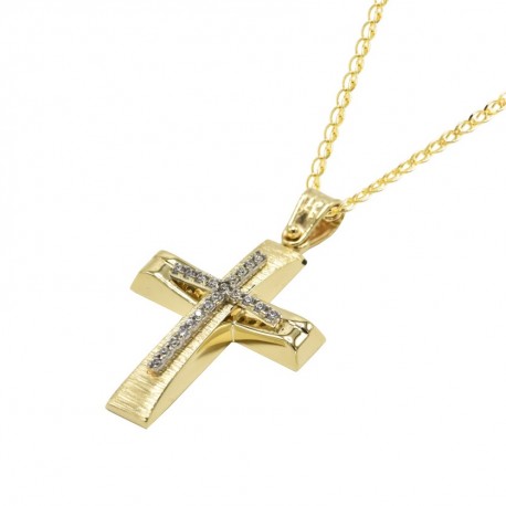 Σταυρός Με Αλυσίδα Γυναικείος Χρυσός, 14 Καράτια Λευκά Ζιργκόν oro1126 