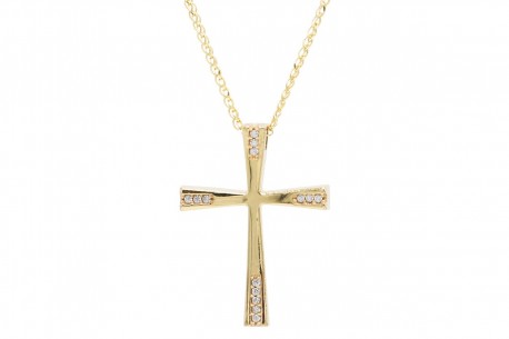 Σταυρός Με Αλυσίδα Γυναικείος Χρυσός, Λευκά Ζιργκόν 14 Καράτια oro1220 