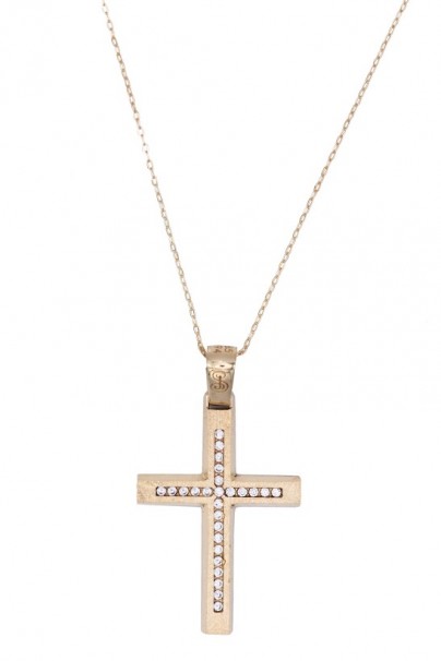 Σταυρός Με Αλυσίδα Χρυσός, 14 Καράτια, Λευκά Ζιργκόν oro1888 
