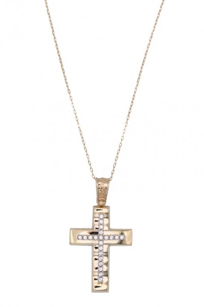 Σταυρός Με Αλυσίδα Χρυσός, 14 Καράτια, Λευκά Ζιργκόν oro1887 
