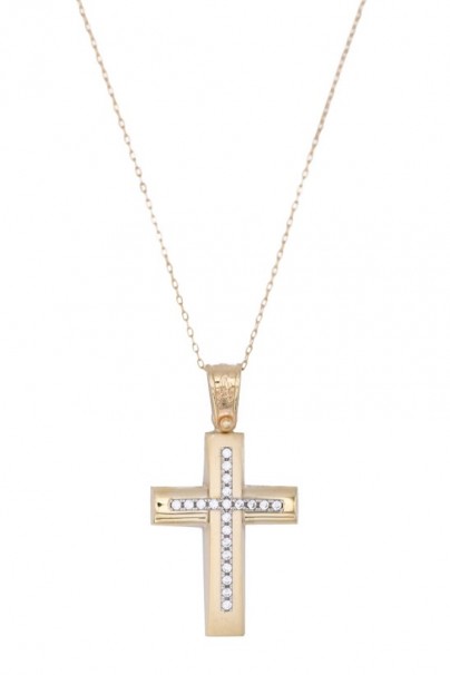 Σταυρός Με Αλυσίδα Χρυσός, 14 Καράτια, Λευκά Ζιργκόν oro1885 