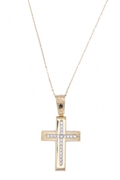 Σταυρός Με Αλυσίδα Χρυσός, 14 Καράτια, Λευκά Ζιργκόν oro1882 