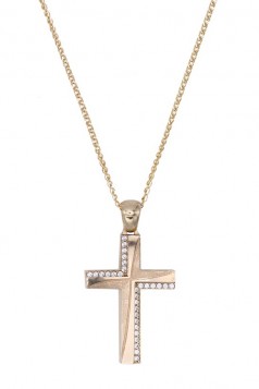 Σταυρός Με Αλυσίδα Xρυσός Διπλής Όψεως, 14 Καράτια, Λευκά Ζιργκόν oro1900