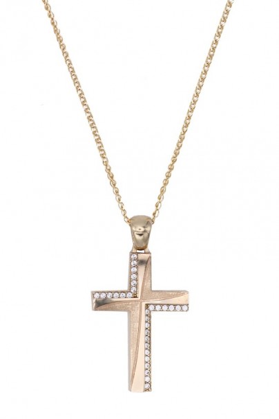 Σταυρός Με Αλυσίδα Xρυσός Διπλής Όψεως, 14 Καράτια, Λευκά Ζιργκόν oro1900 