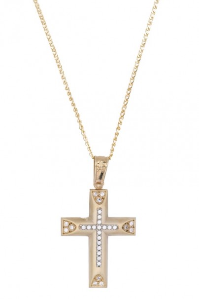Σταυρός Με Αλυσίδα Χρυσός, 14 Καράτια, Λευκά Ζιργκόν oro1853 