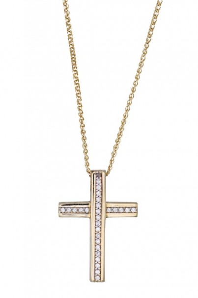 Σταυρός Με Αλυσίδα Γυναικείος Χρυσός 14 Καράτια Διπλής Όψεως, Λευκά Ζιργκόν oro1854 