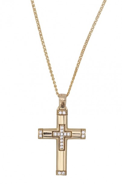 Σταυρός Με Αλυσίδα Χρυσός, 14 Καράτια, Λευκά Ζιργκόν oro1870 