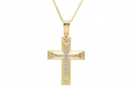 Σταυρός Με Αλυσίδα Χρυσός, 14 Καράτια, Λευκά Ζιργκόν oro1853 