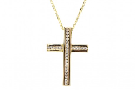 Σταυρός Με Αλυσίδα Γυναικείος Χρυσός 14 Καράτια Διπλής Όψεως, Λευκά Ζιργκόν oro1854 