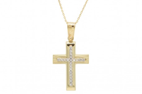 Σταυρός Με Αλυσίδα Χρυσός, 14 Καράτια, Λευκά Ζιργκόν oro1882 