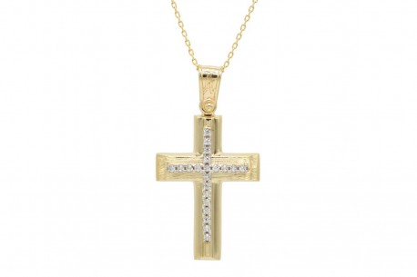 Σταυρός Με Αλυσίδα Χρυσός, 14 Καράτια, Λευκά Ζιργκόν oro1884 