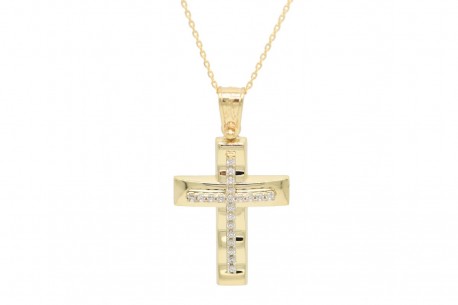 Σταυρός Με Αλυσίδα Χρυσός, 14 Καράτια, Λευκά Ζιργκόν oro1887 