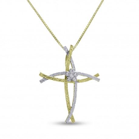 Σταυρός Με Αλυσίδα Δίχρωμος Χρυσό-Λευκόχρυσο, 14 Καράτια, Λευκά Ζιργκόν oro2613 