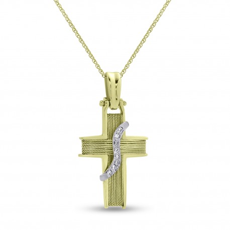Σταυρός Με Αλυσίδα,Χρυσός,14 Καράτια Με Λευκό Ζιργκόν oro2839 