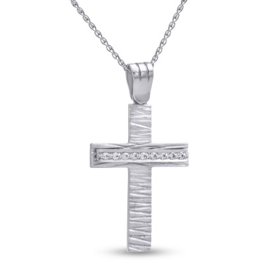 Σταυρός Με Αλυσίδα Λευκόχρυσος, 14 Καράτια, Λευκά Ζιργκόν oro2795