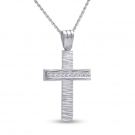 Σταυρός Με Αλυσίδα Λευκόχρυσος, 14 Καράτια, Λευκά Ζιργκόν oro2795 