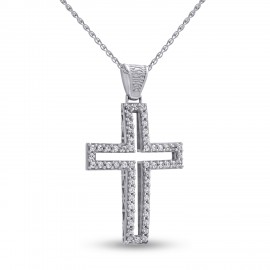 Σταυρός Με Αλυσίδα Λευκόχρυσος, 14 Καράτια, Λευκά Ζιργκόν oro2787 