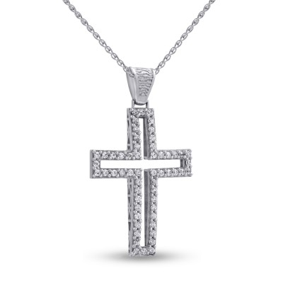 Σταυρός Με Αλυσίδα Λευκόχρυσος, 14 Καράτια, Λευκά Ζιργκόν oro2787 