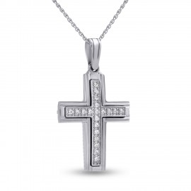 Σταυρός Διπλής Όψεως Με Αλυσίδα Λευκόχρυσος, 14 Καράτια, Λευκά Ζιργκόν oro2807