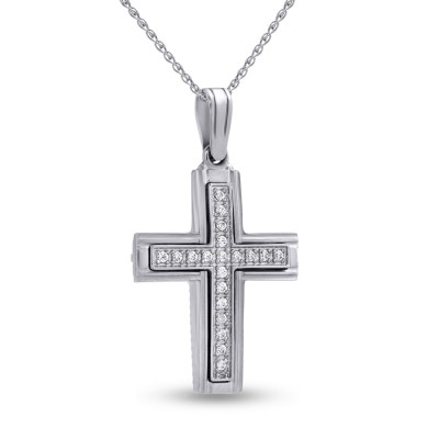 Σταυρός Διπλής Όψεως Με Αλυσίδα Λευκόχρυσος, 14 Καράτια, Λευκά Ζιργκόν oro2807