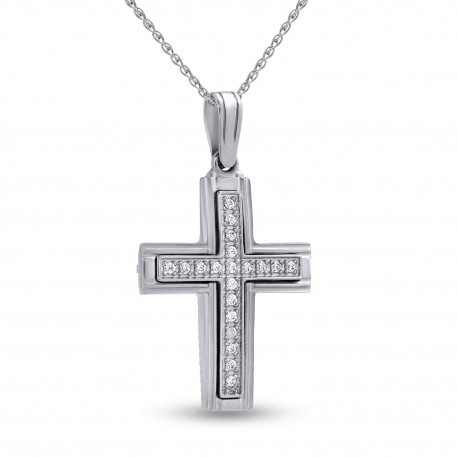 Σταυρός Διπλής Όψεως Με Αλυσίδα Λευκόχρυσος, 14 Καράτια, Λευκά Ζιργκόν oro2807 