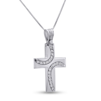 Σταυρός Triantos με Αλυσίδα Λευκόχρυσος, 14 Καράτια, με Ζιργκόν 1.2.1107