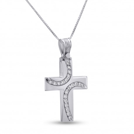 Σταυρός Triantos με Αλυσίδα Λευκόχρυσος, 14 Καράτια, με Ζιργκόν 1.2.1107 