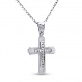 Σταυρός Με Αλυσίδα Λευκόχρυσος, 14 Καράτια, Λευκά Ζιργκόν oro2824