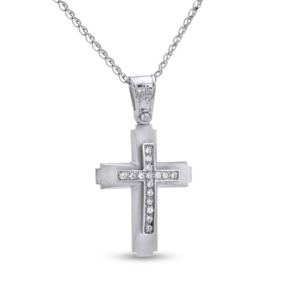 Σταυρός Με Αλυσίδα Λευκόχρυσος, 14 Καράτια, Λευκά Ζιργκόν oro2824
