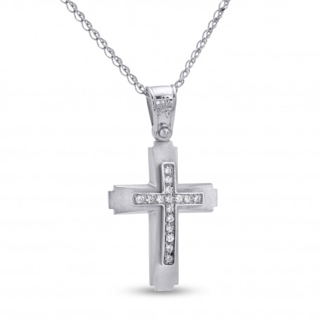 Σταυρός Με Αλυσίδα Λευκόχρυσος, 14 Καράτια, Λευκά Ζιργκόν oro2824 