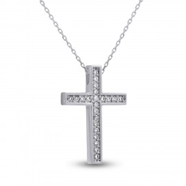 Σταυρός Με Αλυσίδα Λευκόχρυσος, 18 Καράτια, Λευκά Μπριγιάν oro2817